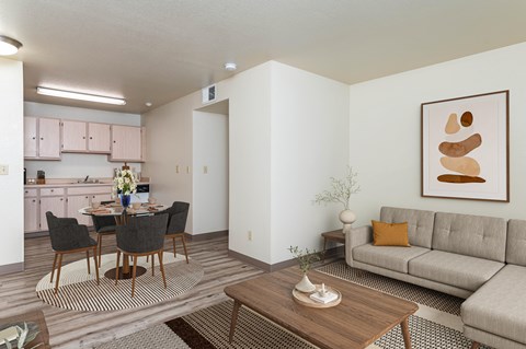 A living room with a grey couch, a coffee table, and a dining table with chairs.