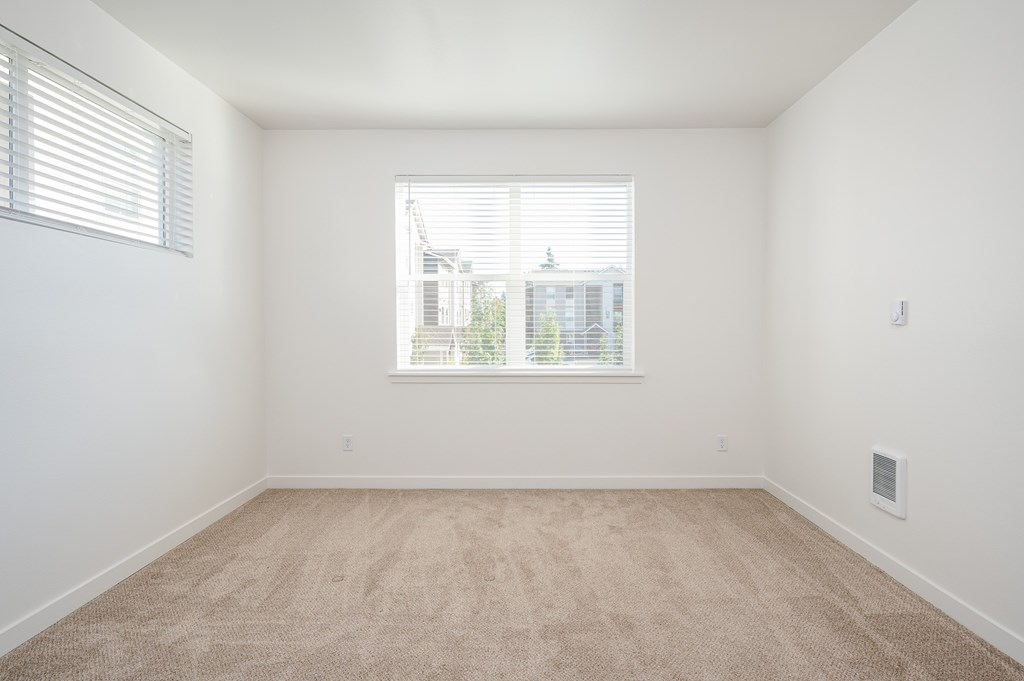A room with two windows and a carpeted floor.