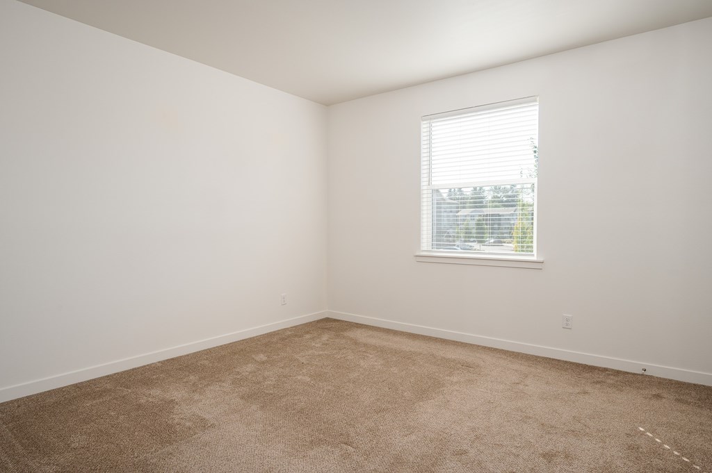 A room with a carpeted floor and a window with blinds.