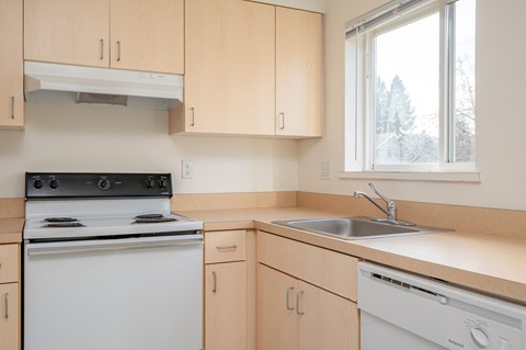 A kitchen with a white dishwasher and a white stove with wooden cabinets.