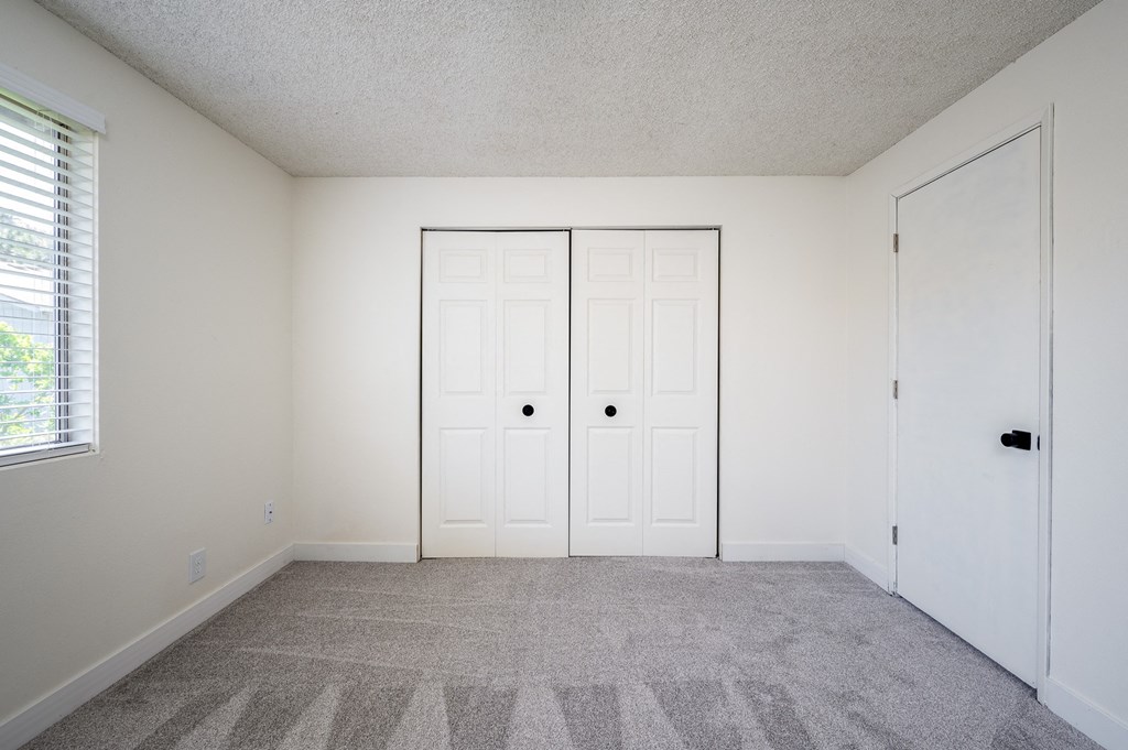 an empty room with two closets and a carpeted floor
