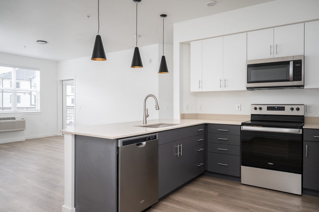 A modern kitchen with a stainless steel dishwasher and oven, a microwave above the stove, and pendant lights hanging from the ceiling.