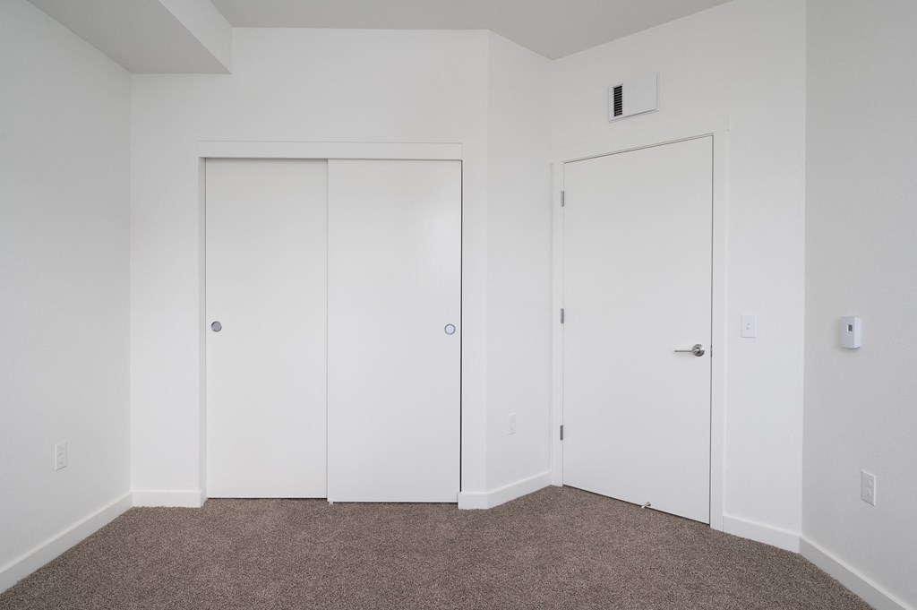Two white doors in a room with carpeted floor.