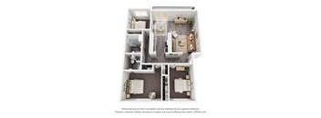 a stylized 3d floor plan of a 2100 sq ft apartment