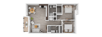 A top-down view of a modern apartment layout with a living room, kitchen, and bathroom.