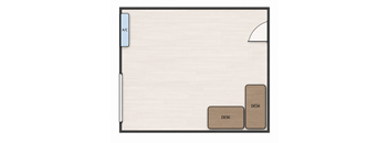 A floor plan of a room with two desks and an air conditioner.