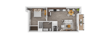 A top-down view of a house layout with a kitchen, living room, and bathroom.