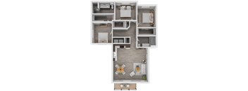 A top-down view of a house layout with a kitchen, living room, two bedrooms, and a bathroom.