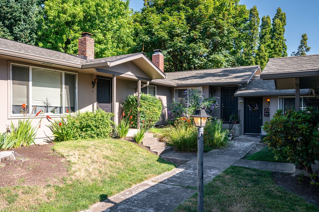 A house with a grey roof and a black door is surrounded by greenery.