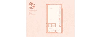 A floor plan of a studio apartment with a bathroom, kitchen, bedroom, and living room.