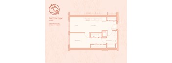 A floor plan of a one bedroom, one bathroom burrow type unit.