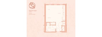 A floor plan of a studio apartment with a living room, kitchen, bedroom, and bathroom.