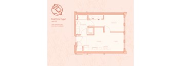 A floor plan of a burrow type unit with one bedroom and one bathroom.