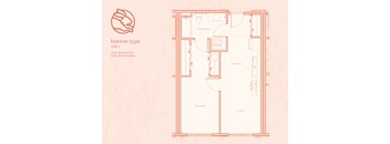A floor plan of a burrow type unit with one bedroom and one bathroom.