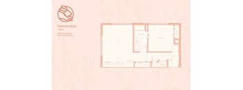A floor plan of a one bedroom, one bathroom apartment.