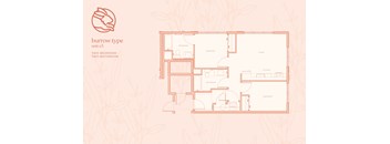 A floor plan of a burrow type unit with two bedrooms and two bathrooms.