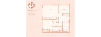 A floor plan of a burrow type unit with two bedrooms and two bathrooms.