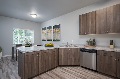 A kitchen with wooden cabinets and a stainless steel dishwasher.