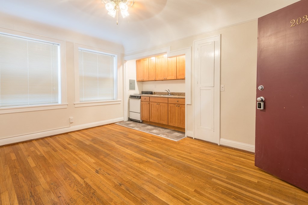 a kitchen and living room with wood flooring and a door