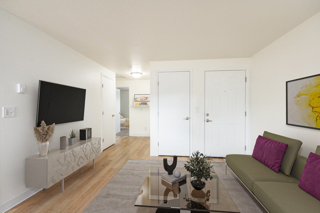 a living room with a couch and a coffee table
