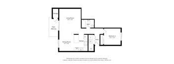 A floor plan of a home with a living room, dining room, kitchen, and two bedrooms.