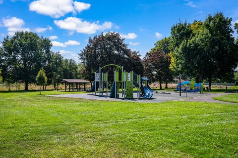 A playground with a green slide and a blue slide.