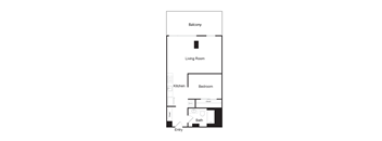 A floor plan of a small apartment with a living room, kitchen, bedroom and bathroom.