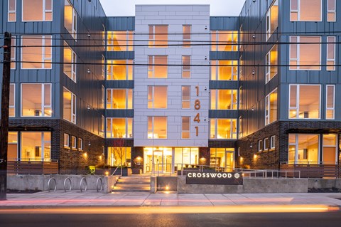 Pet Friendly Apartments in Eugene OR - Crosswood Apartments - Exterior View of Our Modern Mid-Rise Apartment Homes