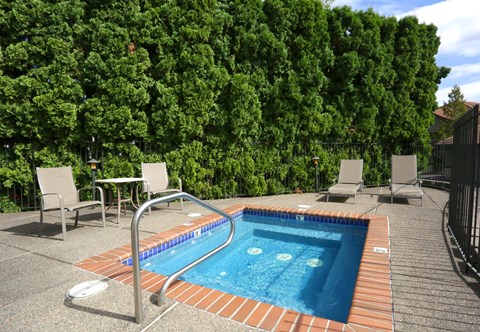 A small pool surrounded by a brick border and a table and chairs.