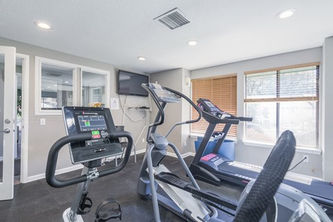 the gym has cardio equipment and a flat screen tv