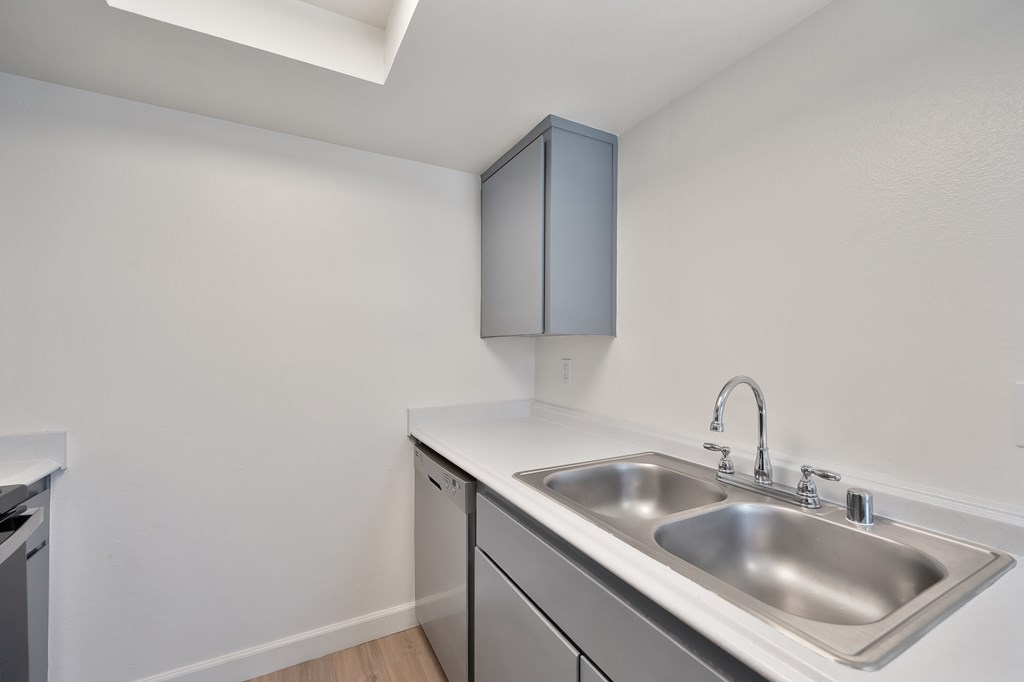 A kitchen with a sink and a cabinet.