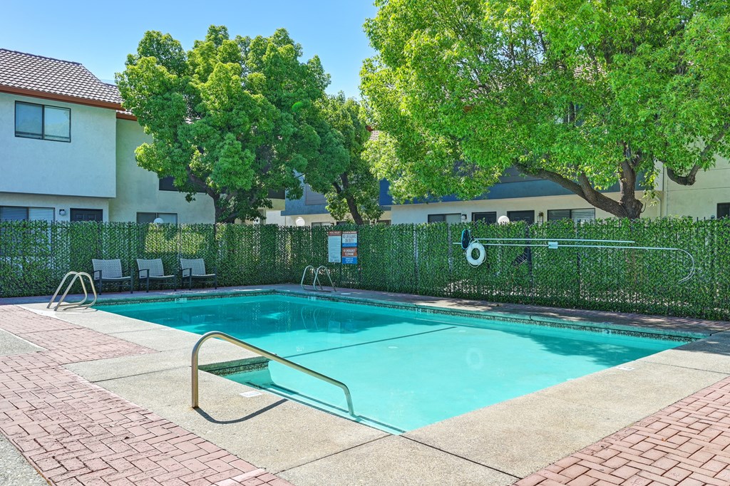 A swimming pool surrounded by a fence and trees.
