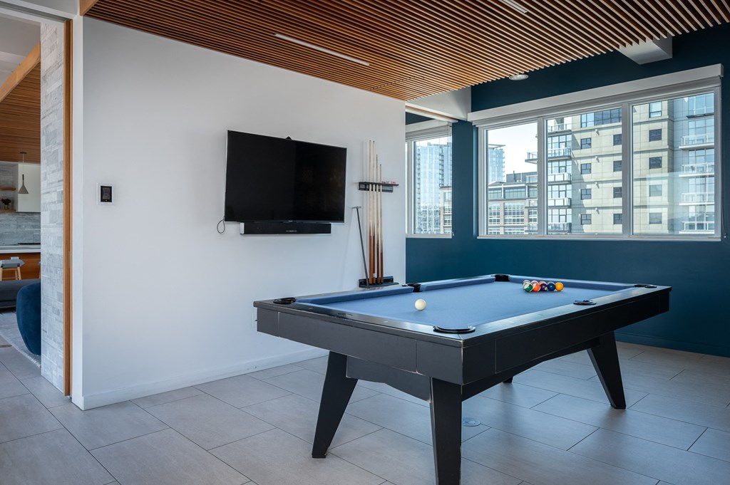 One BR Luxury Apartments in Portland OR - Couch9 Apartments - Billiards Room with Billiards Table and Flat Screen TV