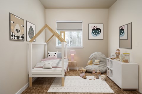 a childrens bedroom with a bunk bed and a play area with toys and pictures