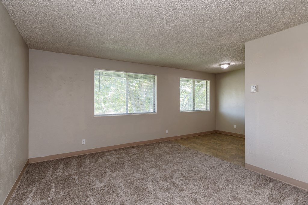 A room with a carpeted floor and two windows.