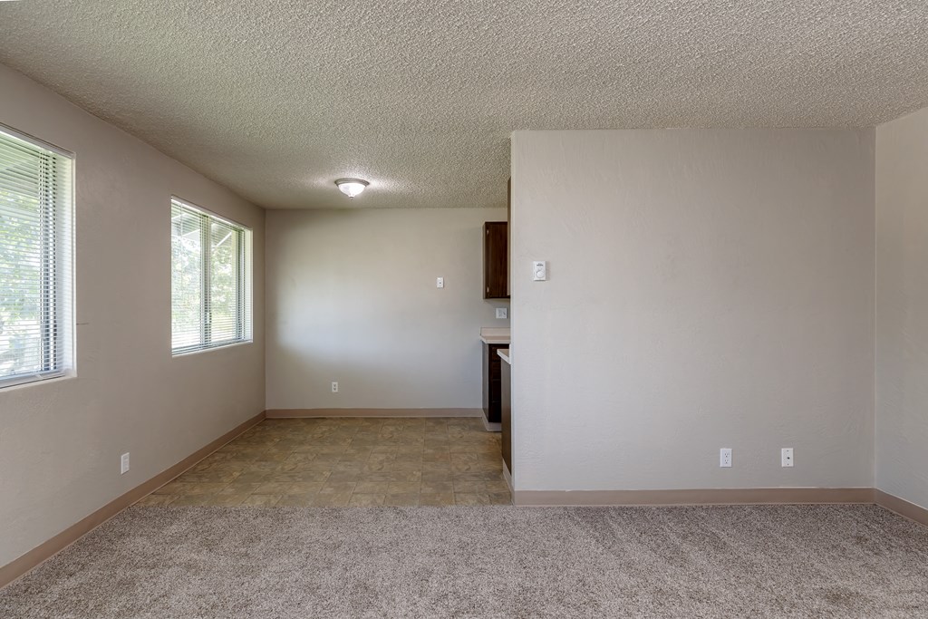 A room with a carpeted floor and a window.