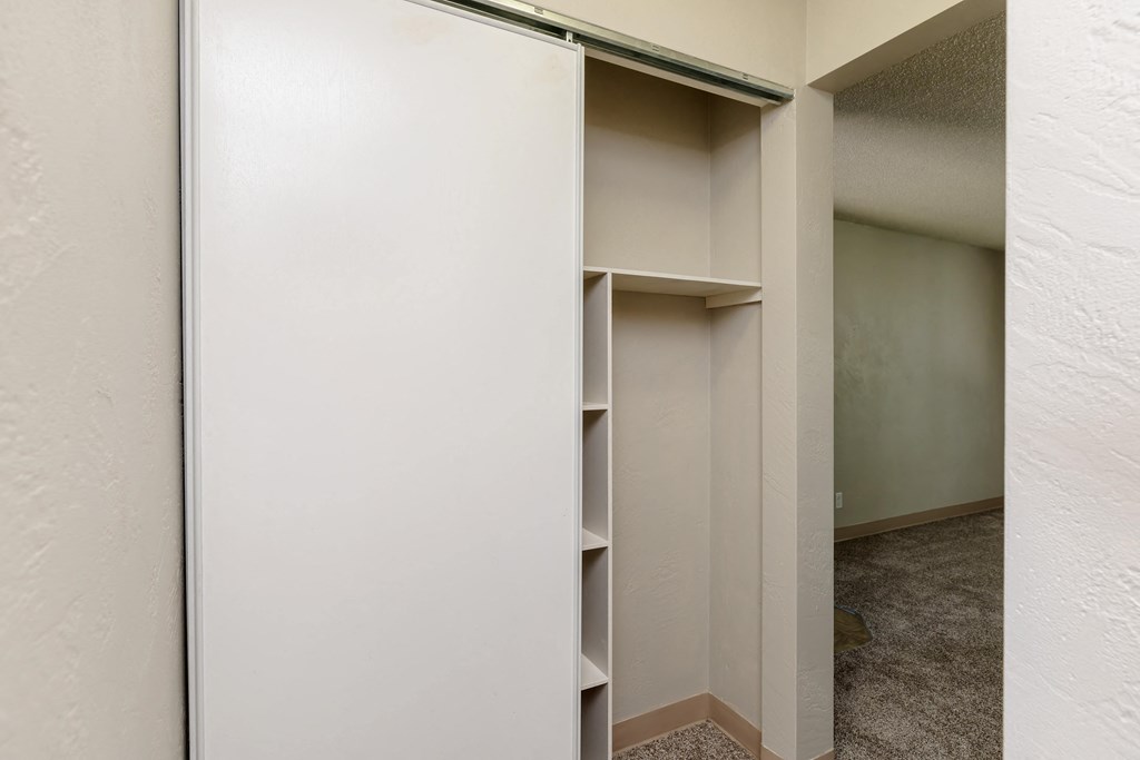 A white closet with a shelf and a door open.