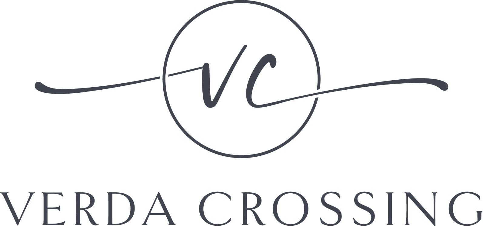 A logo with the letters "vc" in a circle with a line through it, above the words "VERDA CROSSING".