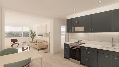 A modern kitchen with dark grey cabinets and a white countertop.