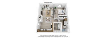 A 3D floor plan of a small apartment with a kitchen, living room, and two bedrooms.