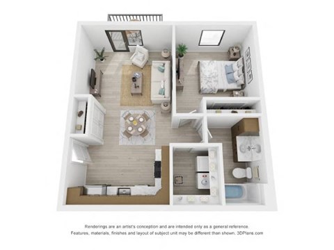 A 3D floor plan of a small apartment with a kitchen, living room, and two bedrooms.