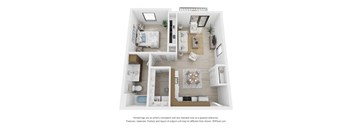 A 3D floor plan of a small apartment with a bedroom, living room, kitchen, and bathroom.