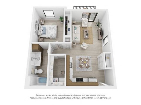 A 3D floor plan of a small apartment with a bedroom, living room, kitchen, and bathroom.