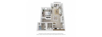 A 3D floor plan of a small apartment with a kitchen, living room, and bedroom.