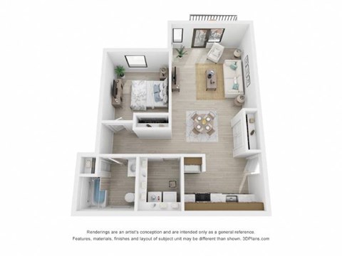 A 3D floor plan of a small apartment with a kitchen, living room, and bedroom.
