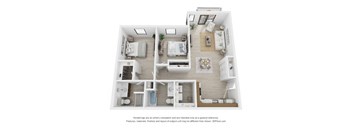 A 3D floor plan of a house with a kitchen, living room, and two bedrooms.