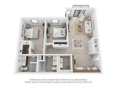 A 3D floor plan of a house with a kitchen, living room, and two bedrooms.