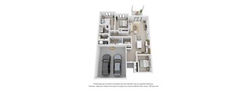 A 3D floor plan of a house with two bedrooms, a living room, a kitchen, and a garage.