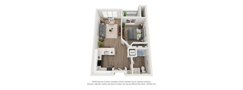 A 3D floor plan of a small apartment with a living room, kitchen, and bedroom.