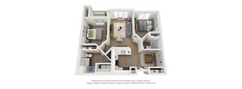 A 3D floor plan of a house with two bedrooms, a living room, a kitchen, and a bathroom.